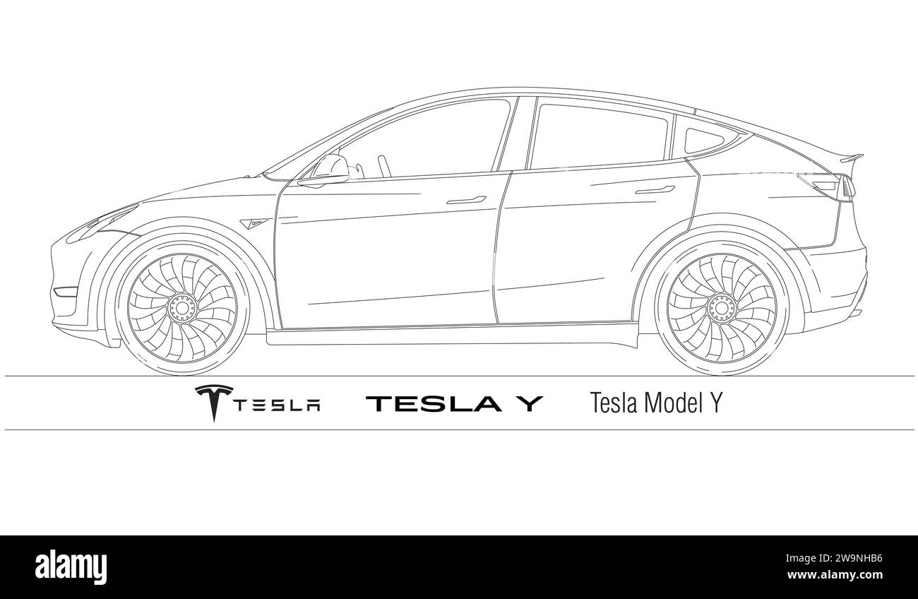 États-Unis, année 2020, silhouette y de modèle de voiture électrique Tesla, dessins de contour, illustration Banque D'Images