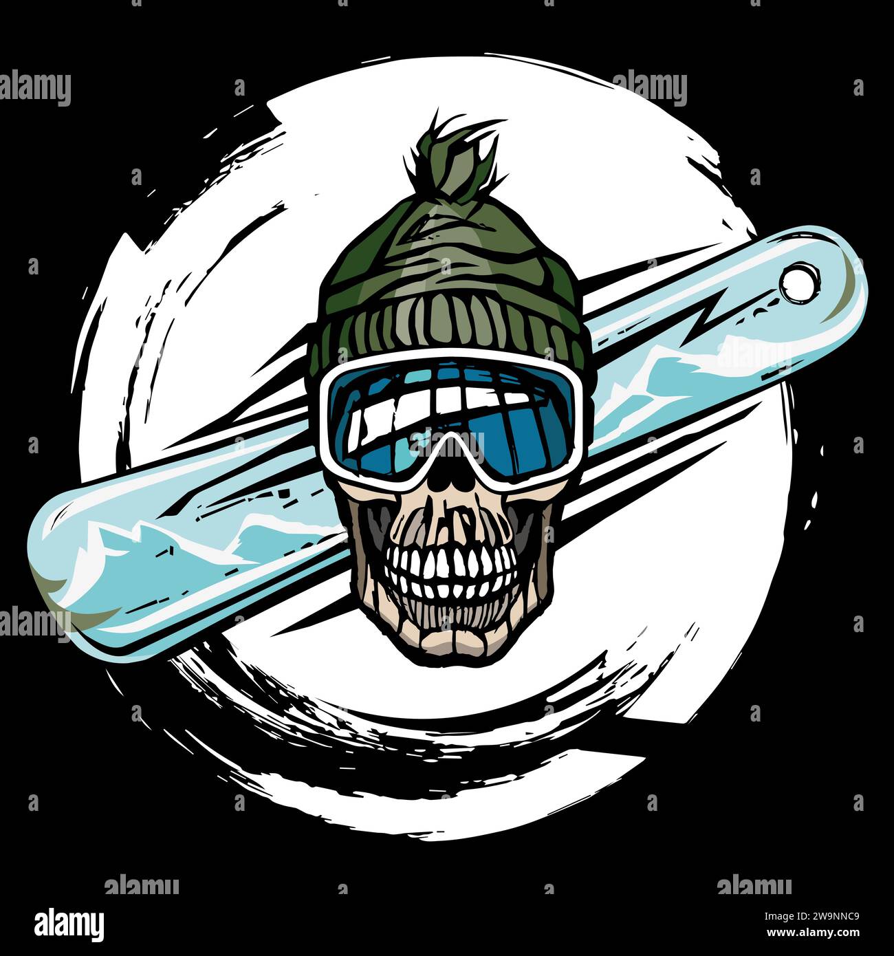 Crâne. Crâne barbu et snowboard. Crâne de dessin animé. Illustration de Vecteur
