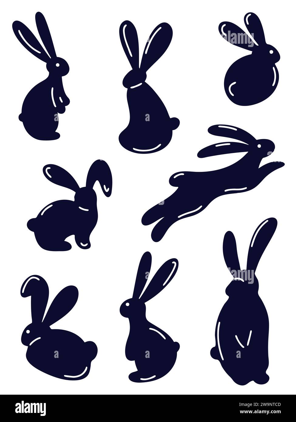 Ensemble de silhouettes de lapins en mouvement. Illustration en noir et blanc Illustration de Vecteur