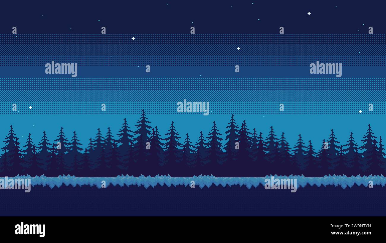 Forêt pixel art au fond de nuit. Paysage transparent pour le jeu ou l'application Illustration de Vecteur