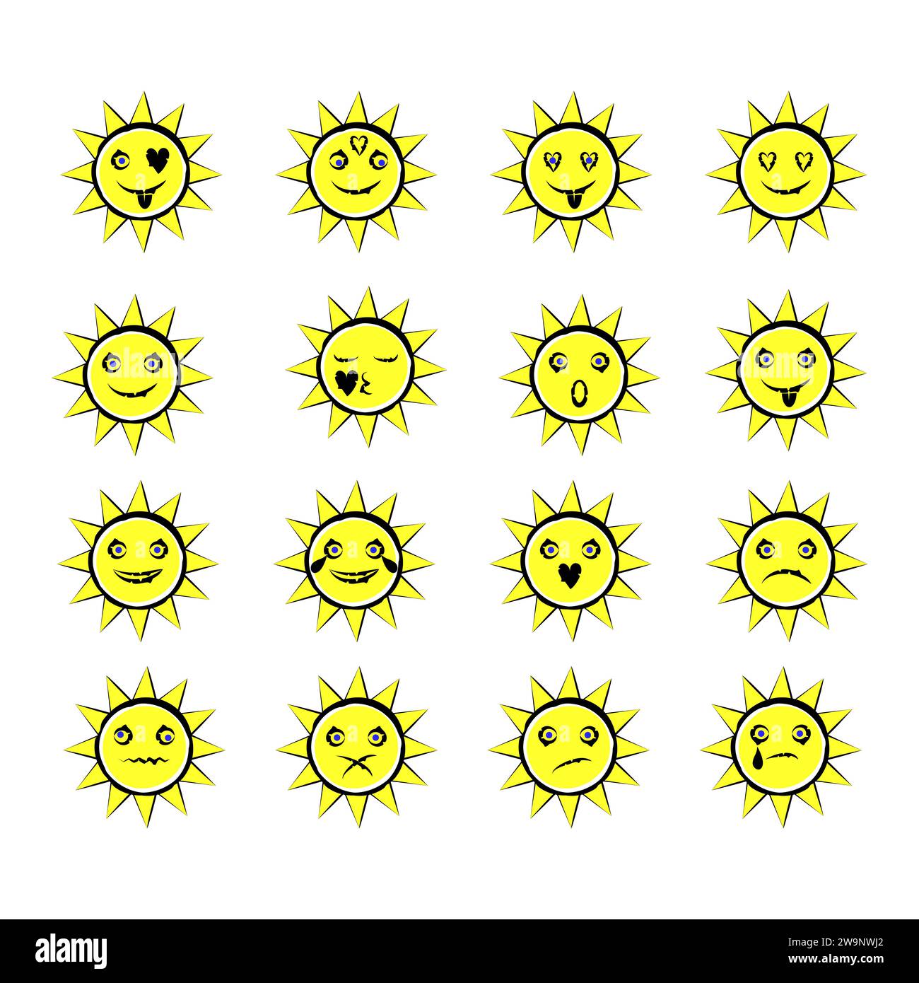 Ensemble de soleils. Les émotions sont des soleils différents. Faces jaunes. Emoji. Illustration vectorielle sur fond blanc Illustration de Vecteur