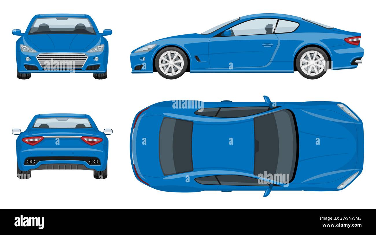 Modèle vectoriel de voiture de sport bleu avec des couleurs simples sans dégradés et effets. Vue de côté, de face, de dos et de dessus Illustration de Vecteur