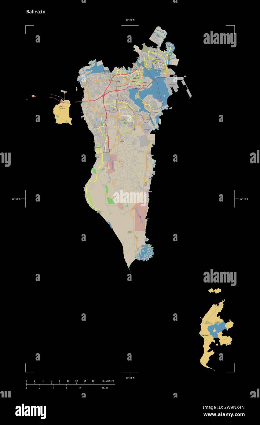 Forme d'une carte topographique, de style OSM standard du Bahreïn, avec échelle de distance et coordonnées de la frontière de la carte, isolée sur noir Banque D'Images