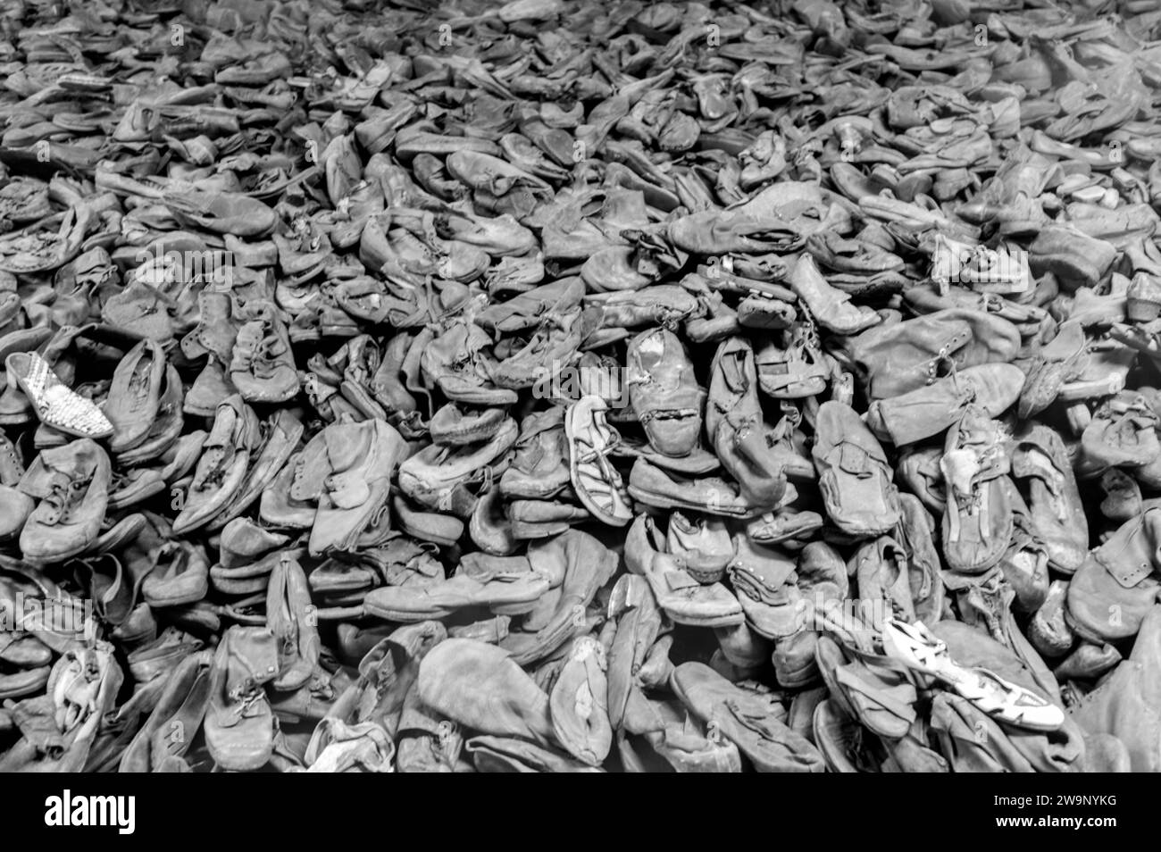 Chaussures volées aux prisonniers des camps de concentration d'Auschwitz et de Birkenau pour les réutiliser ou les vendre à des citoyens allemands Banque D'Images