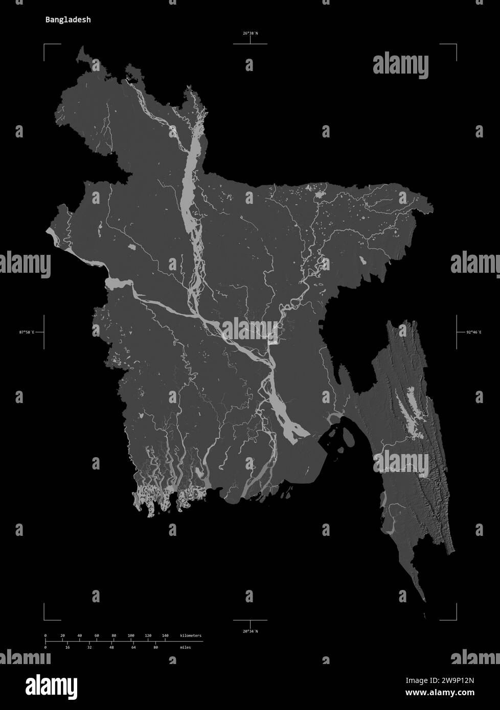 Forme d'une carte d'altitude à deux niveaux avec les lacs et les rivières du Bangladesh, avec l'échelle de distance et les coordonnées de la frontière de la carte, isolé sur noir Banque D'Images