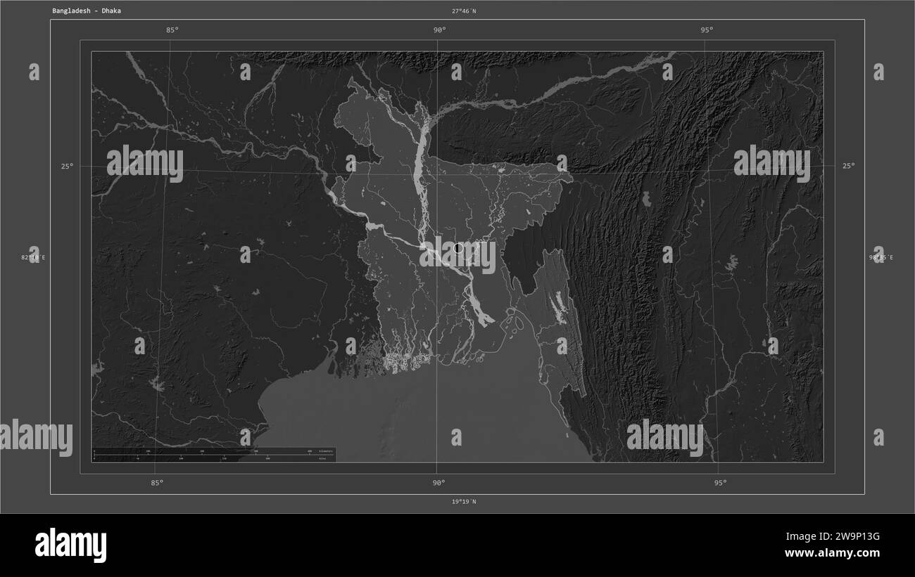 Bangladesh mis en évidence sur une carte d'altitude à deux niveaux avec la carte des lacs et des rivières avec le point de la capitale du pays, la grille cartographique, l'échelle de distance et ma Banque D'Images
