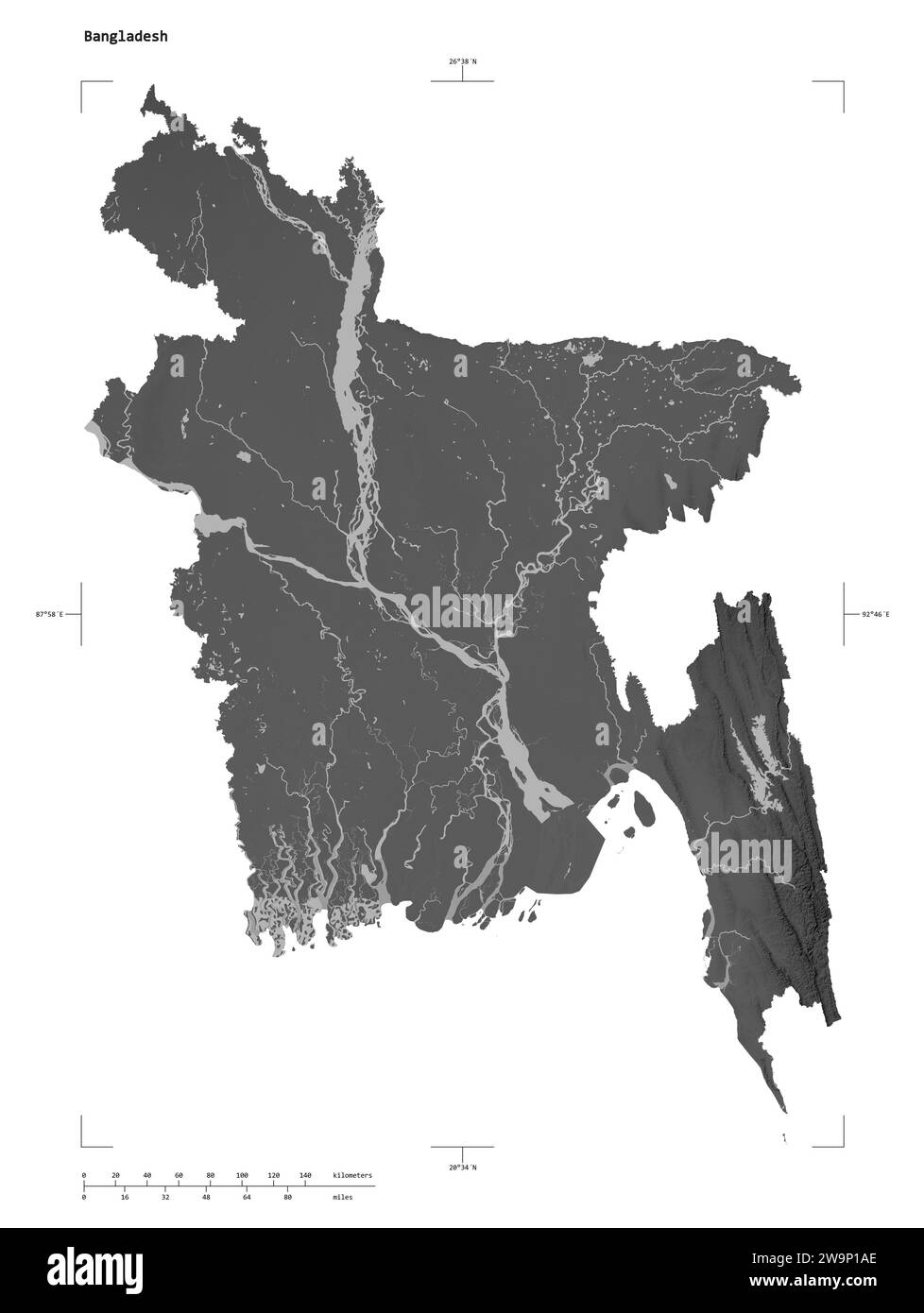 Forme d'une carte d'altitude en niveaux de gris avec les lacs et les rivières du Bangladesh, avec l'échelle de distance et les coordonnées de la frontière de la carte, isolé sur blanc Banque D'Images