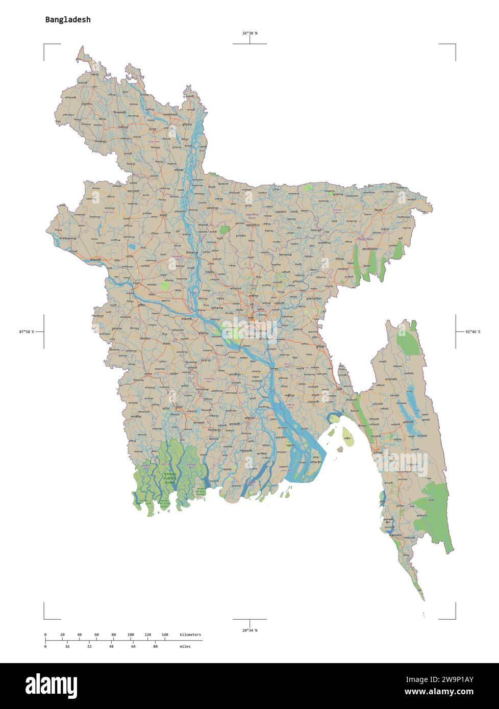 Forme d'une carte topographique, de style OSM standard du Bangladesh, avec échelle de distance et coordonnées de la frontière de la carte, isolée sur blanc Banque D'Images