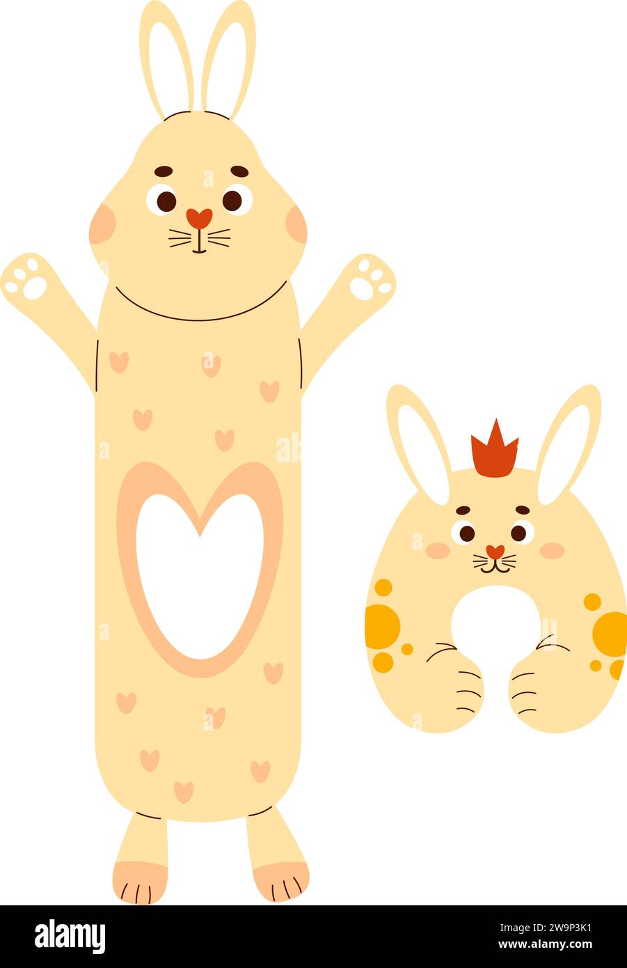 Jouet en peluche de lapin grand format et lapin avec oreiller de cou. Peluche-oreiller surdimensionné anti-stress doux pour dormir et jouer. Illustrations vectorielles isolées dans Illustration de Vecteur