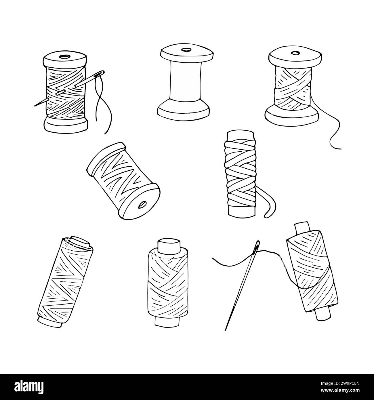 Bobine de fil et jeu d'aiguilles à coudre. Illustration vectorielle dessinée à la main isolée sur un fond blanc. Illustration de Vecteur