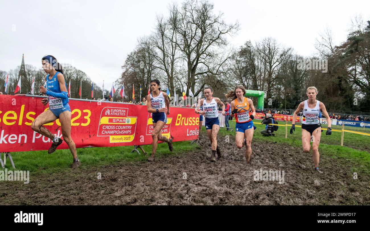 Célia Tabet, Margaux Sieracki, Veerle Bakker et Juliette Thomas en compétition dans la course féminine senior du Championnat d’Europe de cross-country SPAR Banque D'Images