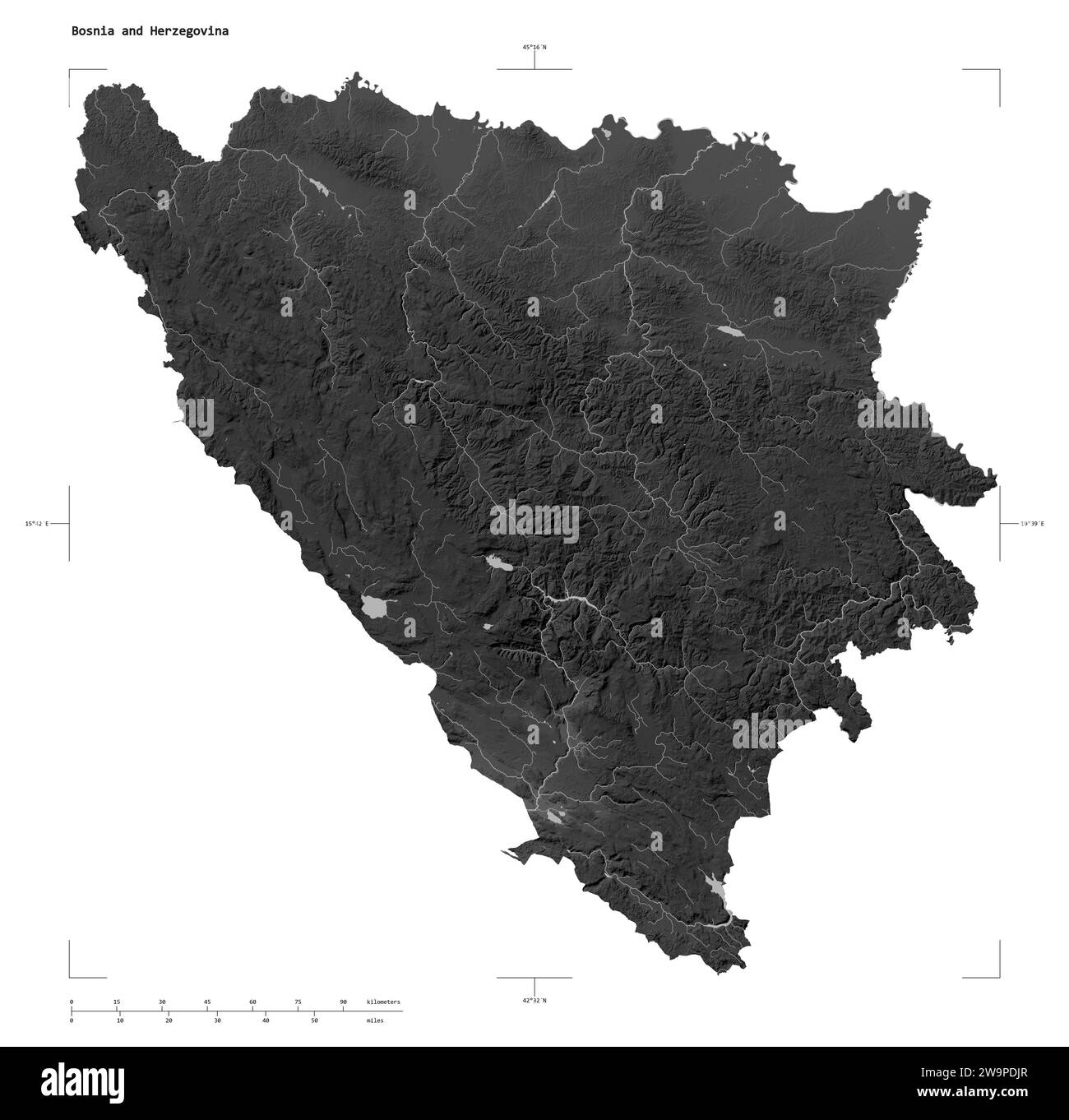 Forme d'une carte d'altitude en niveaux de gris avec les lacs et les rivières de la Bosnie-Herzégovine, avec l'échelle de distance et les coordonnées de la frontière de la carte, isolé sur wh Banque D'Images Forme d'une carte d'altitude en niveaux de gris avec les lacs et les rivières de la Bosnie-Herzégovine, avec l'échelle de distance et les coordonnées de la frontière de la carte, isolé sur wh Banque D'Images