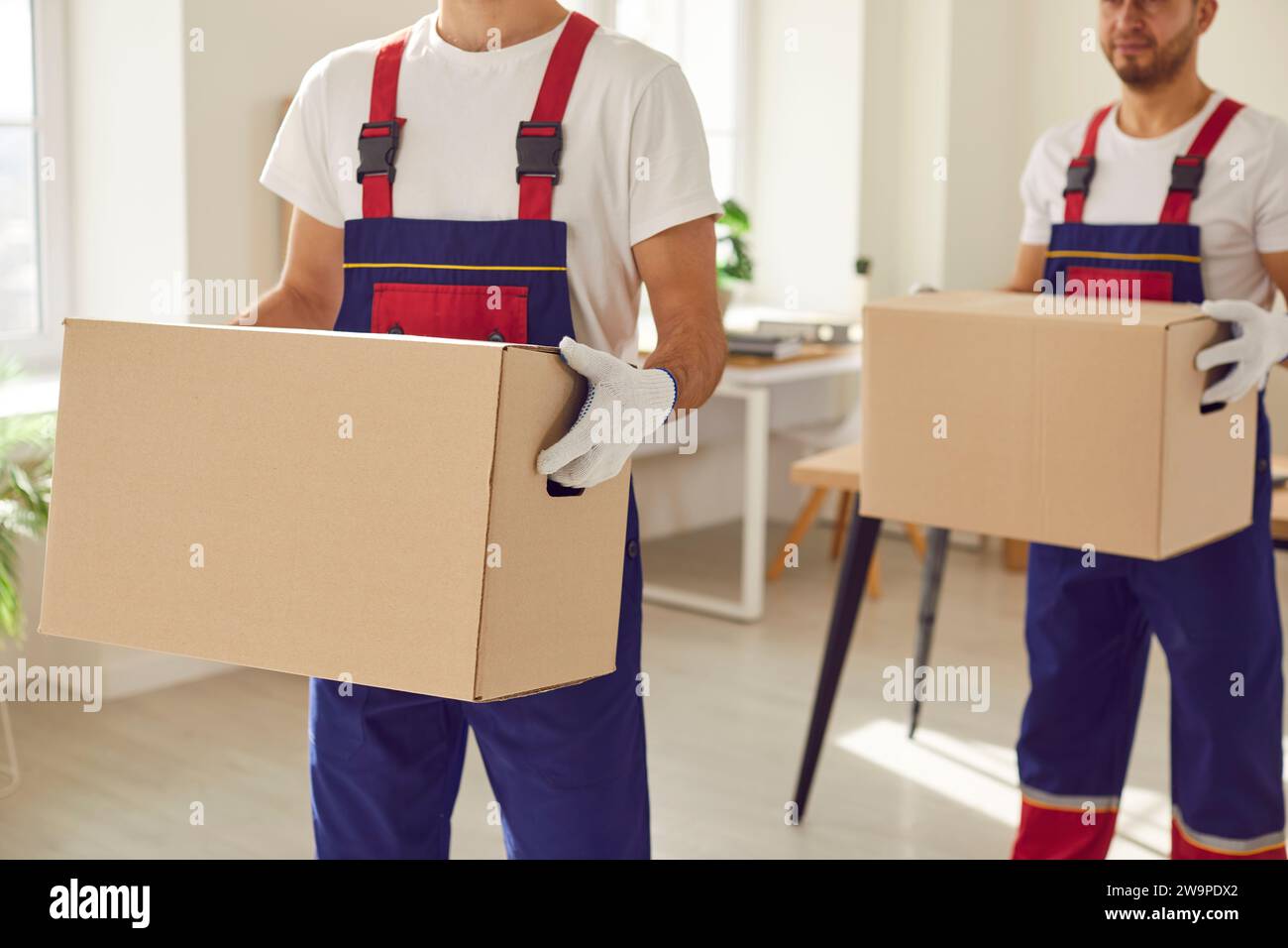 Deux travailleurs d'un service de déménagement commercial transportent des boîtes en carton emballées Banque D'Images