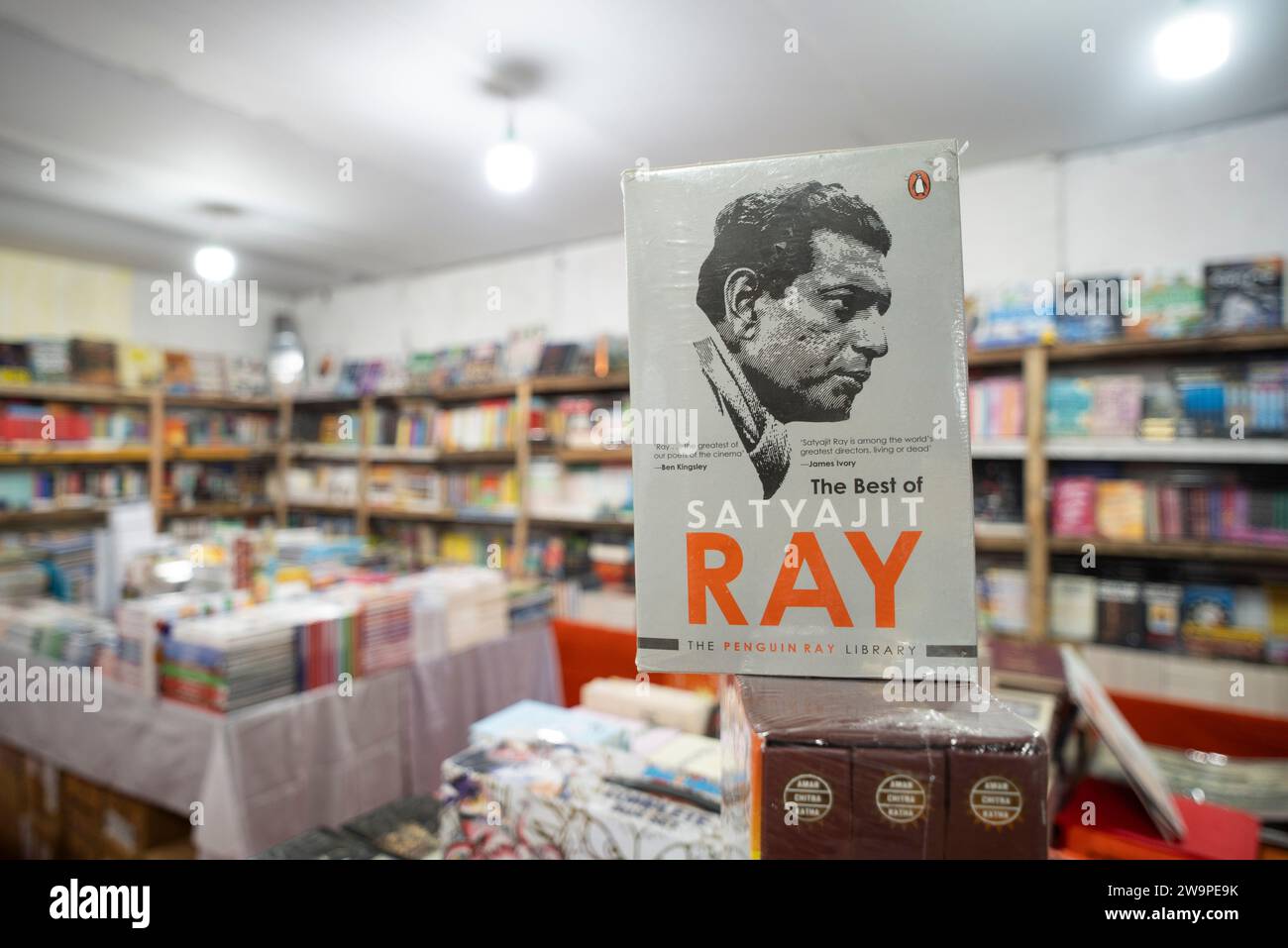 Un livre sur le cinéaste Oscar Satyajit Ray exposé à vendre, sur un stand lors de la Foire du livre Assam, à Guwahati, Assam, en Inde, le 29 décembre 2023. Crédit : David Talukdar/Alamy Live News Banque D'Images
