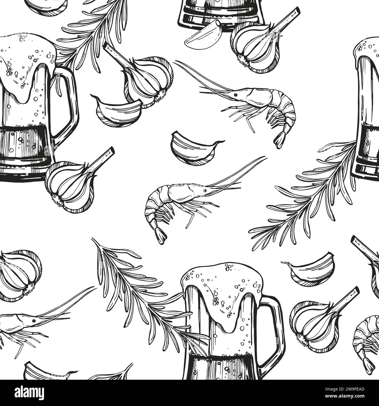 modèle sans couture de thème de la bière, croquis de verre de bière, crevettes, romarin et ail, illustration vectorielle dessinée à la main de nourriture et de boisson, tasse de bière, doo Illustration de Vecteur