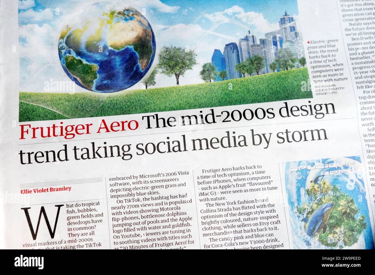 « Frutiger Aero la tendance de design du milieu des années 2000 prend d'assaut les médias sociaux » journal Guardian titre nostalgie article technologique 15 décembre 2023 Royaume-Uni Banque D'Images