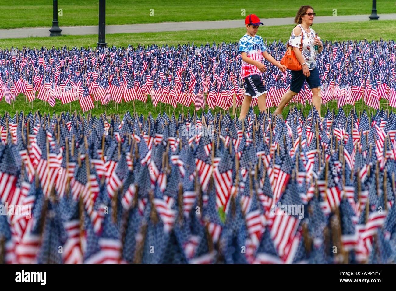 Touristes marchant à travers le champ des drapeaux américains dans le parc public honorant les héros de guerre. Banque D'Images