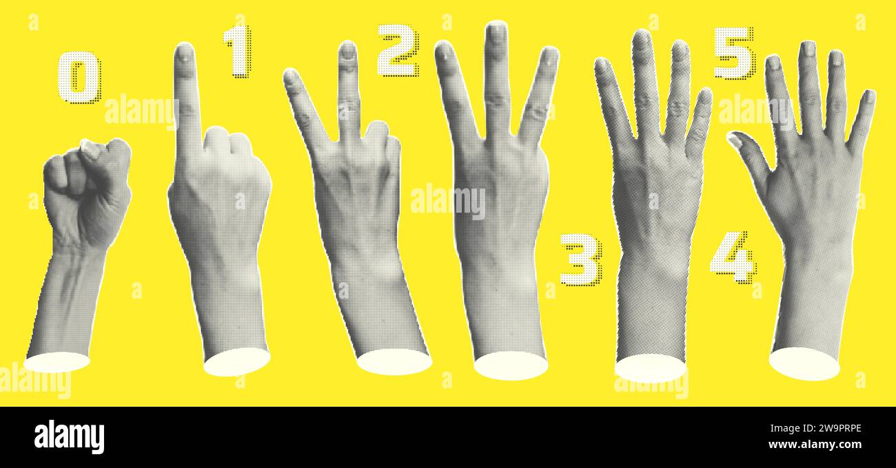 Définissez des aiguilles de statue en demi-teinte montrant des gestes comptant de zéro à cinq éléments de collage créatifs de fond jaune isolés style magazine Cut Illustration de Vecteur