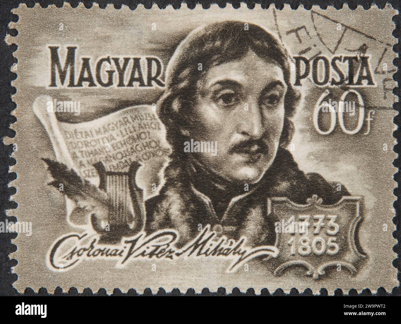 Mihaly Csokonai Vitez, 1773 -1805, poète hongrois. Portrait sur un timbre postal hongrois Banque D'Images