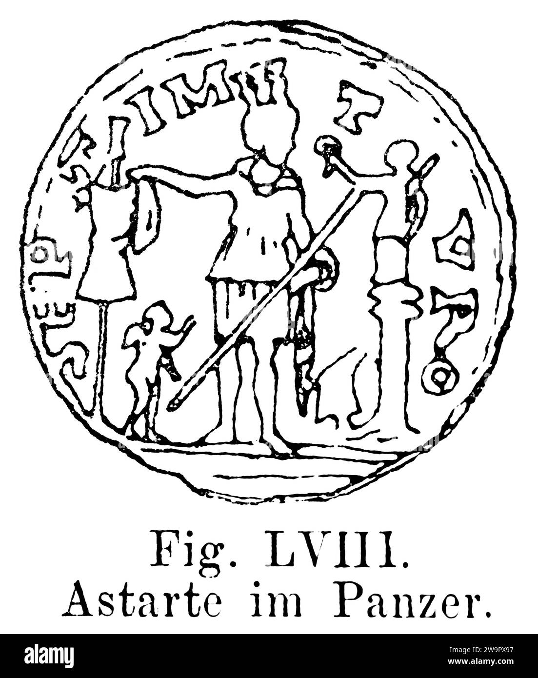 Astarté en armure, déesse féminine, image sur médaille de bronze, en relief dans Tyr, armure, armes, inscription, représentation historique 1886 Banque D'Images