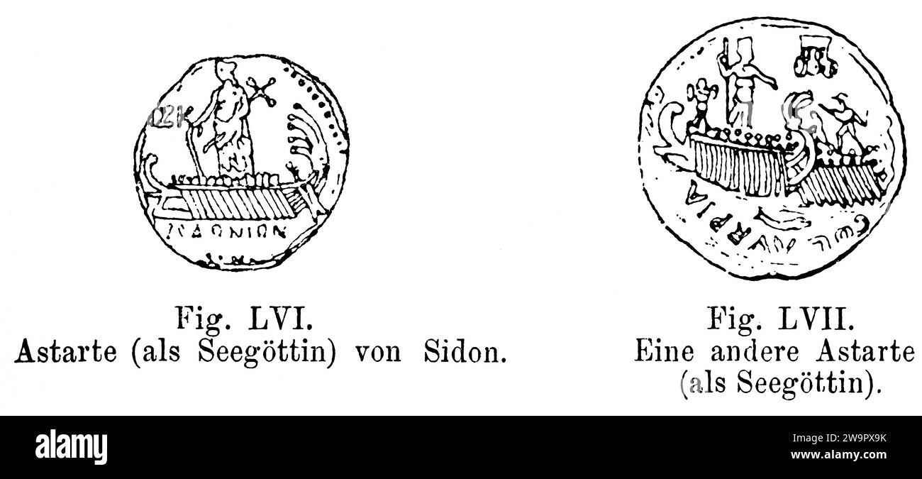 Astarté de Sidon comme déesse de la mer et plus loin Astarté, Phénicien, image sur pièce de monnaie, navire, rameur, antiquité, époque d'Heliogabal (Fig. LVII), comme mer Banque D'Images