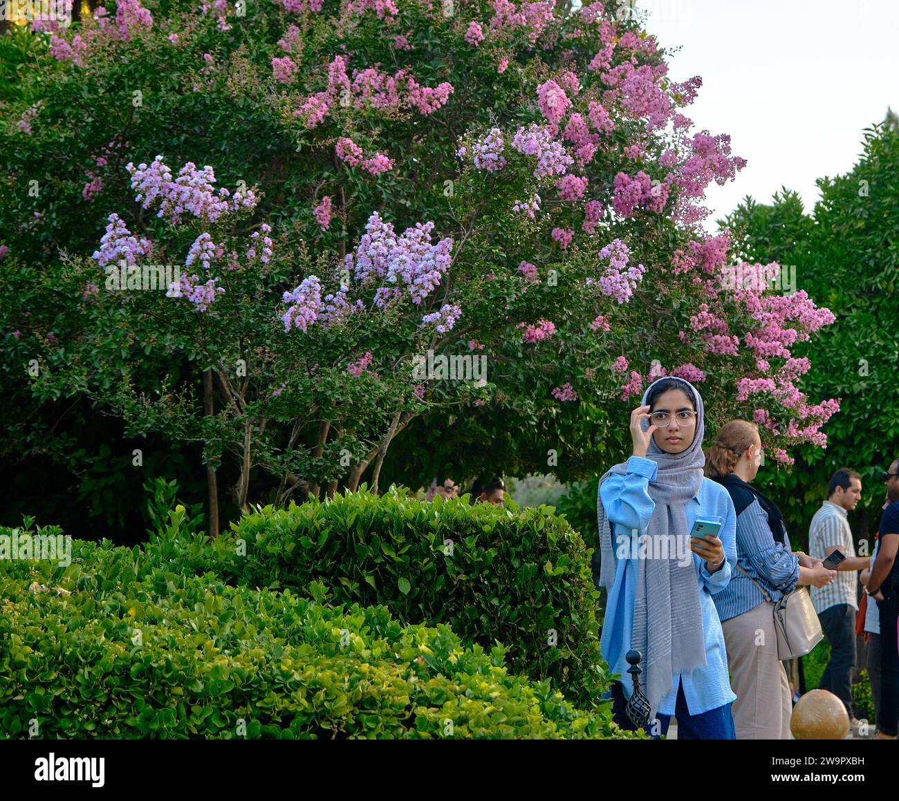 Shiraz, Iran - 06.26.2023 : une femme iranienne dans le parc de la maison Narenjestan Qavam. Banque D'Images