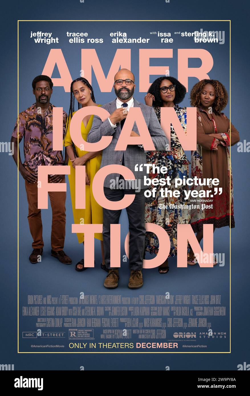 American Fiction (2023) réalisé par Cord Jefferson et mettant en vedette Jeffrey Wright, Tracee Ellis Ross et John Ortiz. Un romancier qui en a marre de l'establishment qui profite des divertissements dits « noirs » utilise un pseudonyme pour écrire un livre qui le propulse au cœur de l'hypocrisie et de la folie qu'il prétend dédaigner. Affiche US une feuille ***USAGE ÉDITORIAL SEULEMENT***. Crédit : BFA / Amazon MGM Studios Banque D'Images