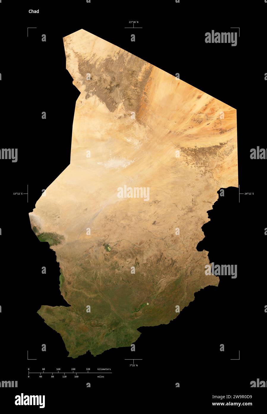 Forme d'une carte satellite à basse résolution du Tchad, avec échelle de distance et coordonnées de la frontière de la carte, isolée sur noir Banque D'Images