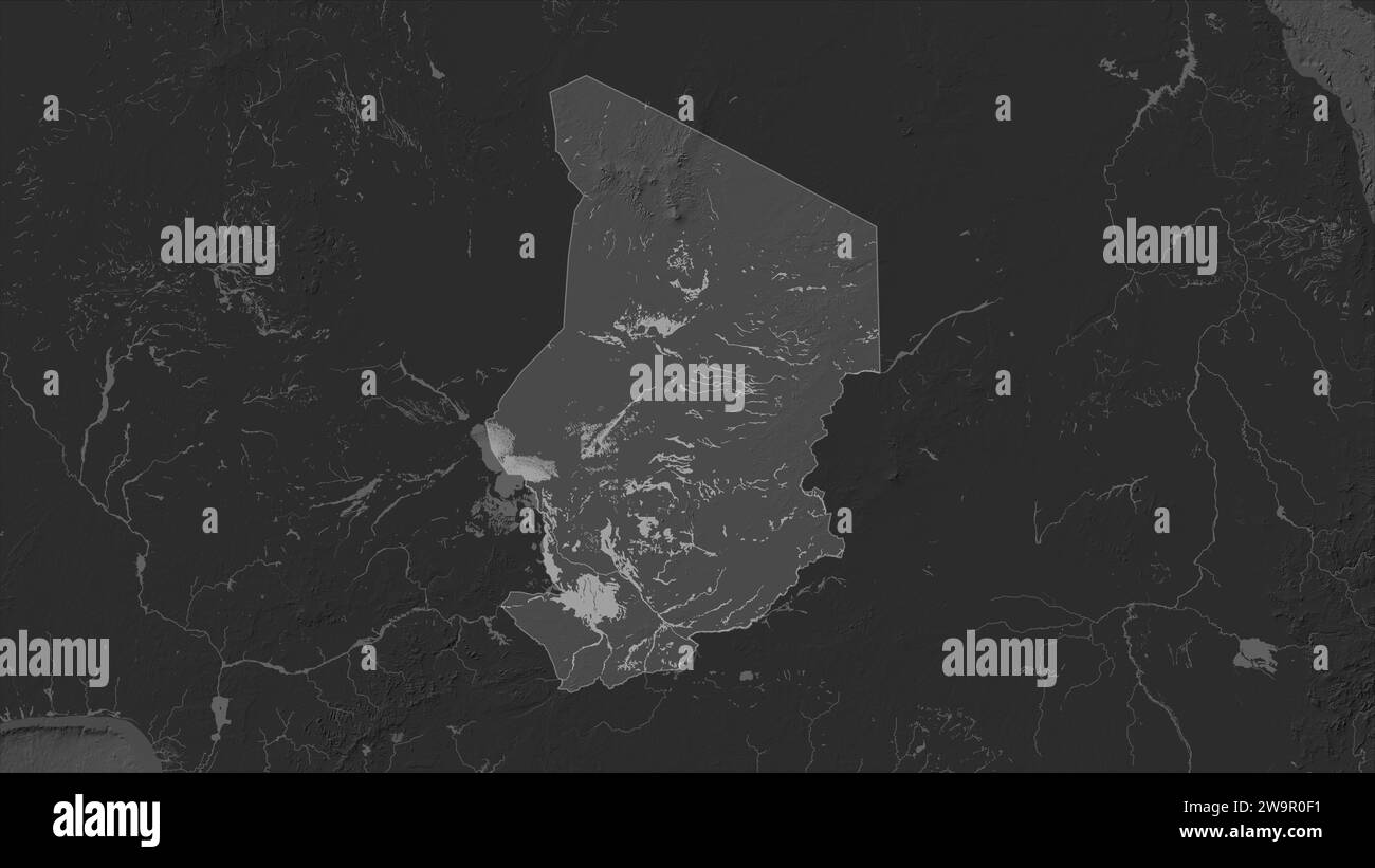 Tchad mis en évidence sur une carte d'altitude à deux niveaux avec des lacs et des rivières Banque D'Images