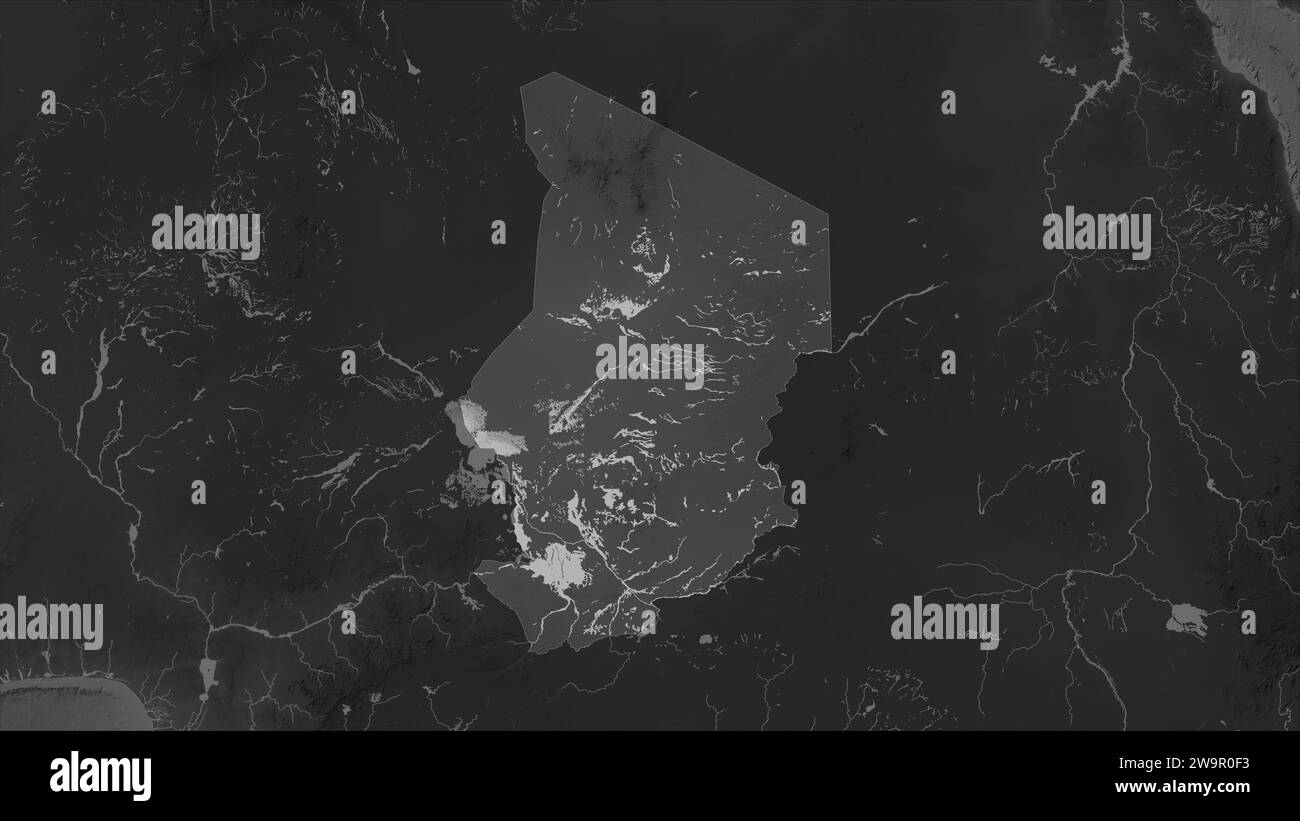 Tchad mis en évidence sur une carte d'altitude en niveaux de gris avec des lacs et des rivières Banque D'Images