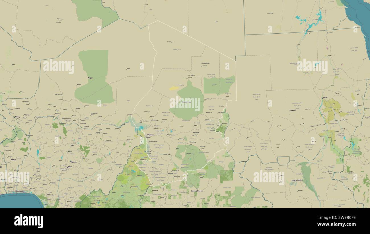 Tchad décrit sur une carte topographique de style OSM Humanitarian Banque D'Images