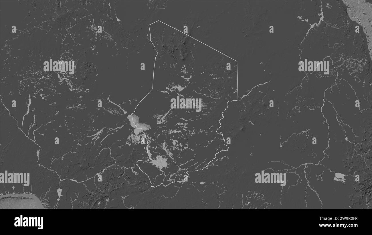 Tchad décrit sur une carte d'altitude à deux niveaux avec des lacs et des rivières Banque D'Images