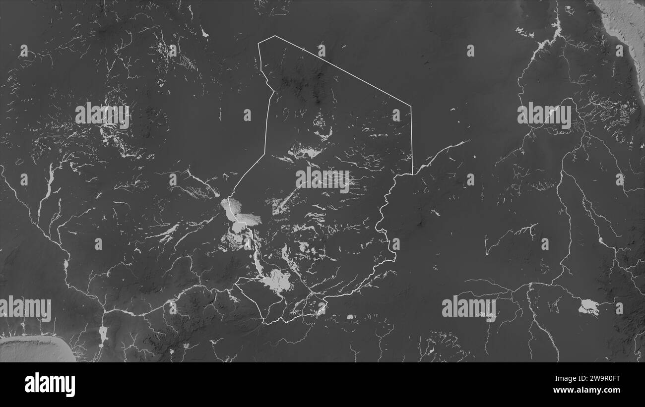 Tchad décrit sur une carte d'altitude en niveaux de gris avec des lacs et des rivières Banque D'Images
