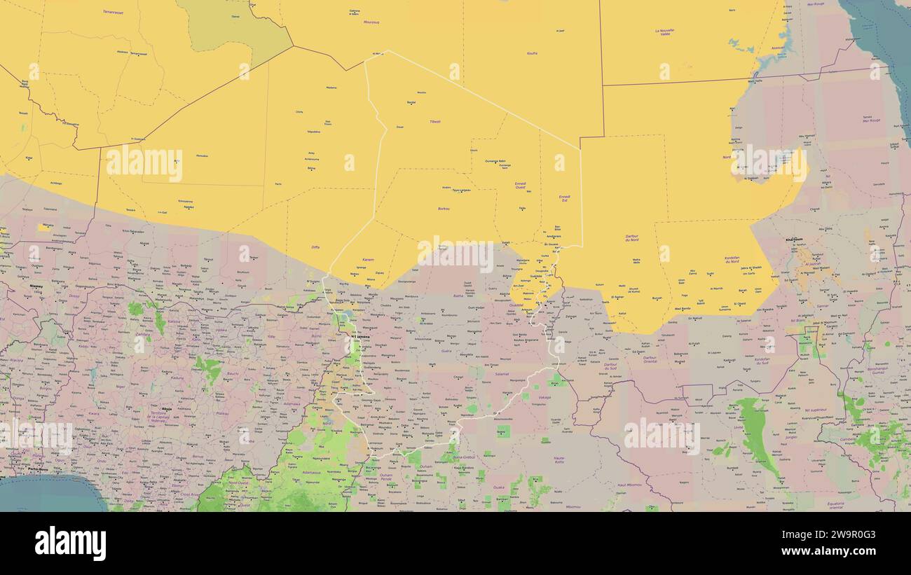 Tchad décrit sur une carte topographique de style OSM France Banque D'Images