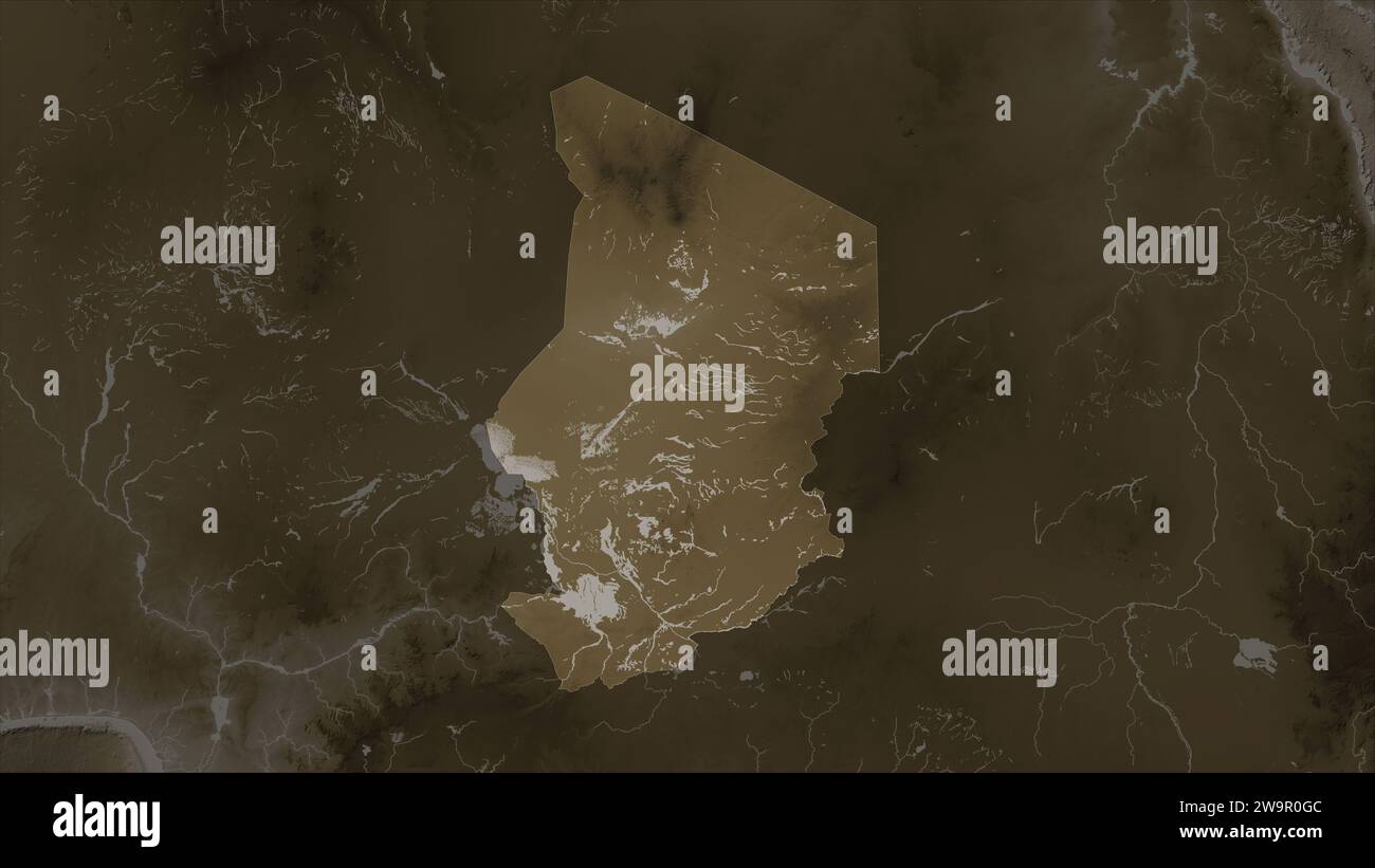 Tchad mis en évidence sur une carte d'altitude colorée en tons sépia avec des lacs et des rivières Banque D'Images