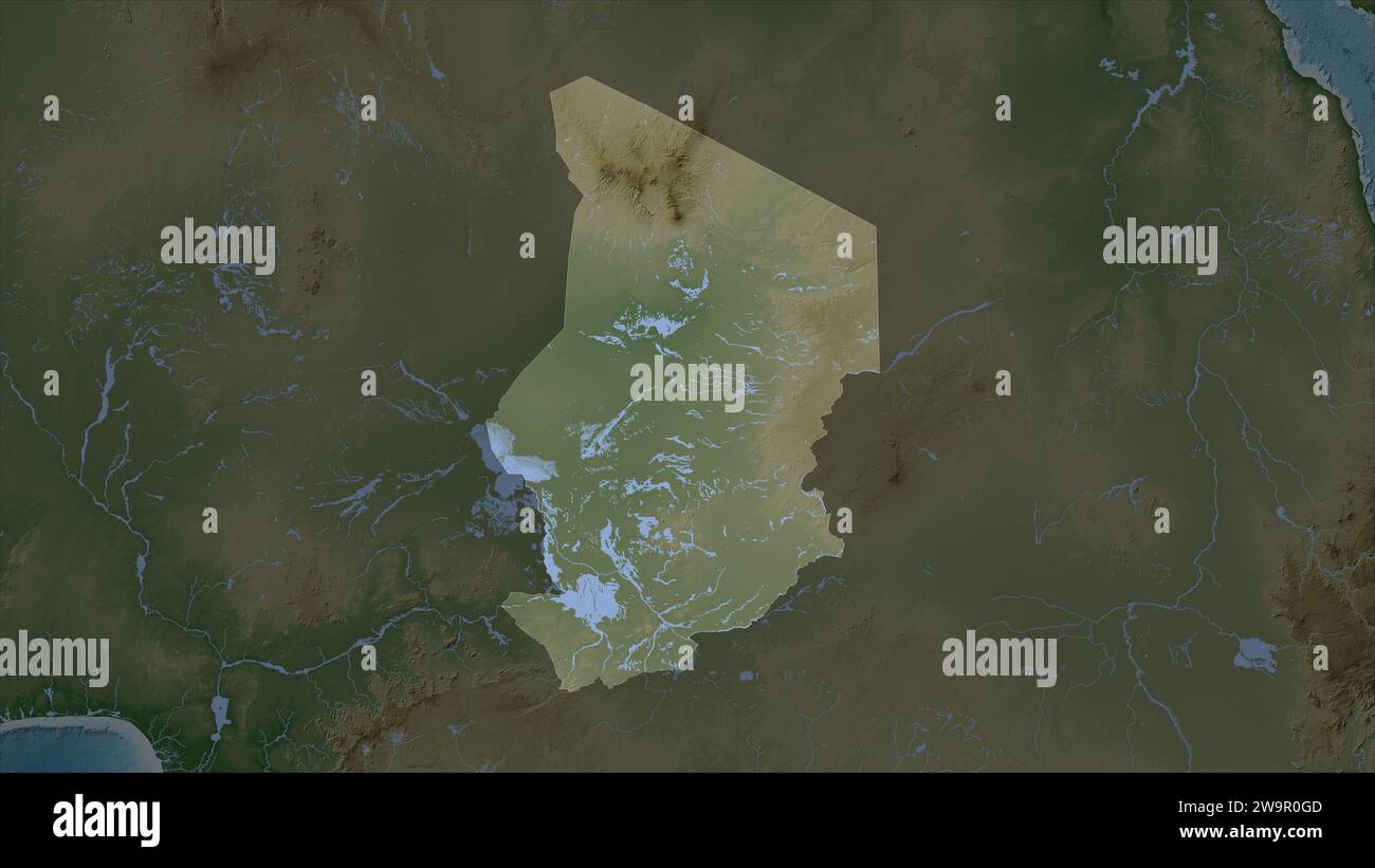 Tchad mis en évidence sur une carte d'altitude en couleur pâle avec des lacs et des rivières Banque D'Images