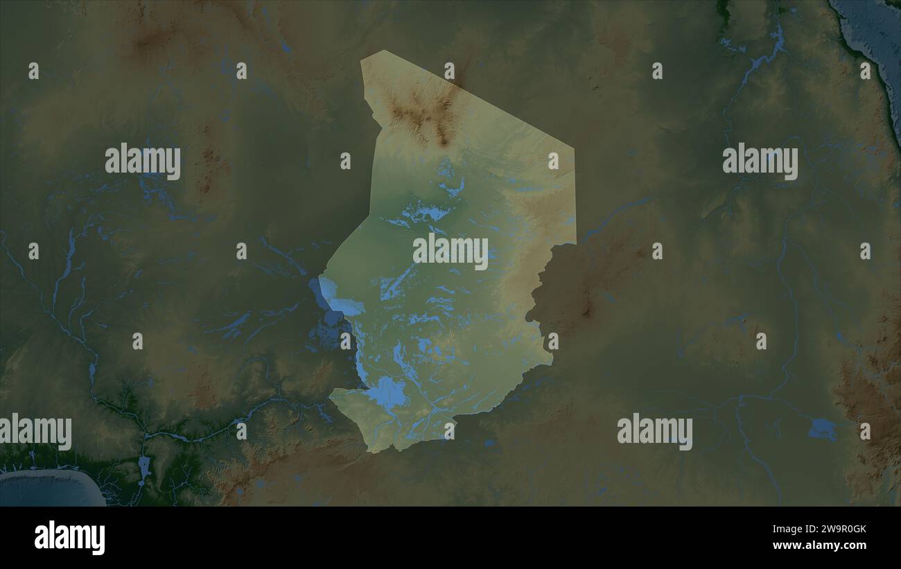 Tchad mis en évidence sur une carte d'altitude en couleur avec des lacs et des rivières Banque D'Images