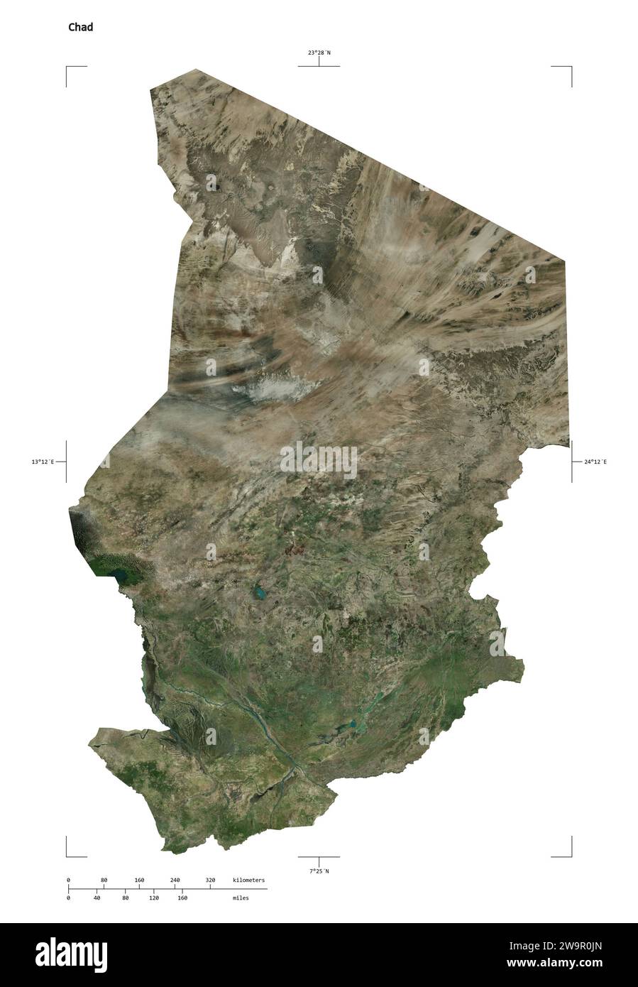 Forme d'une carte satellite à haute résolution du Tchad, avec échelle de distance et coordonnées de la carte frontière, isolé sur blanc Banque D'Images