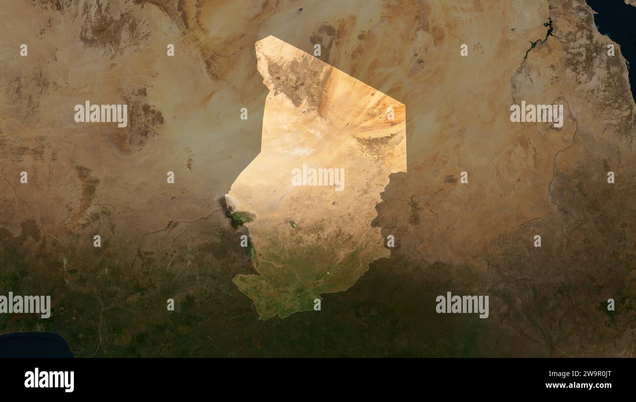 Tchad mis en évidence sur une carte satellite à basse résolution Banque D'Images