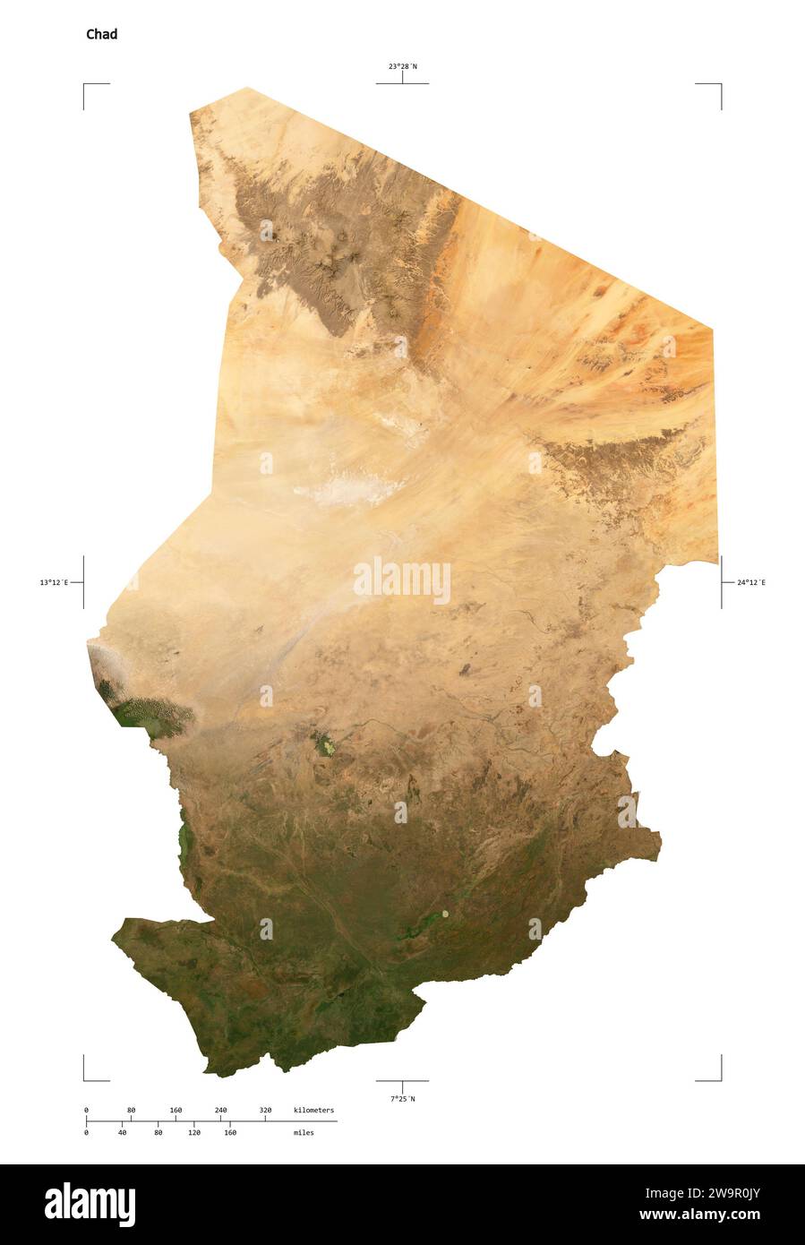 Forme d'une carte satellite à basse résolution du Tchad, avec échelle de distance et coordonnées de la frontière de la carte, isolé sur blanc Banque D'Images