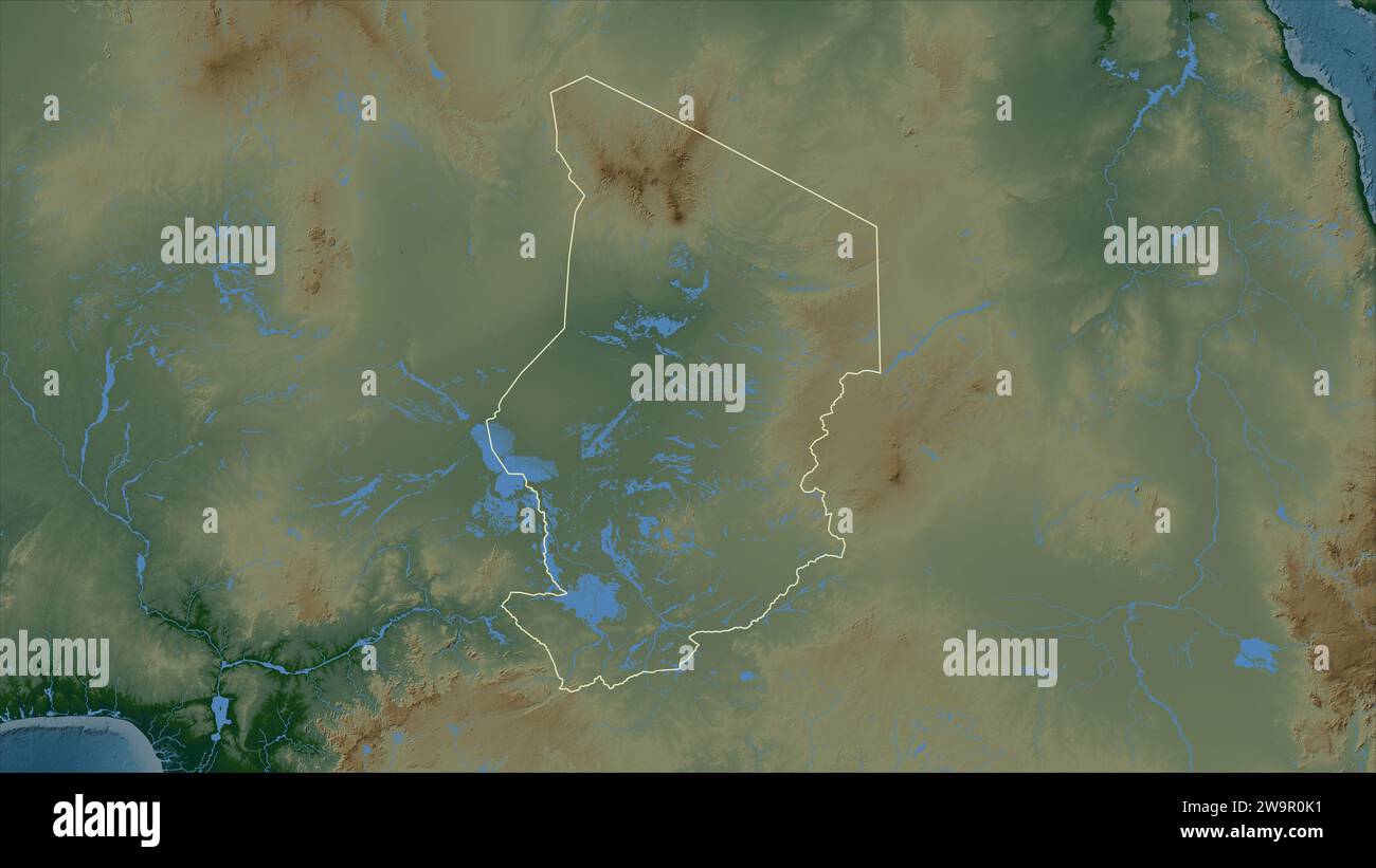 Tchad décrit sur une carte d'altitude en couleur avec des lacs et des rivières Banque D'Images
