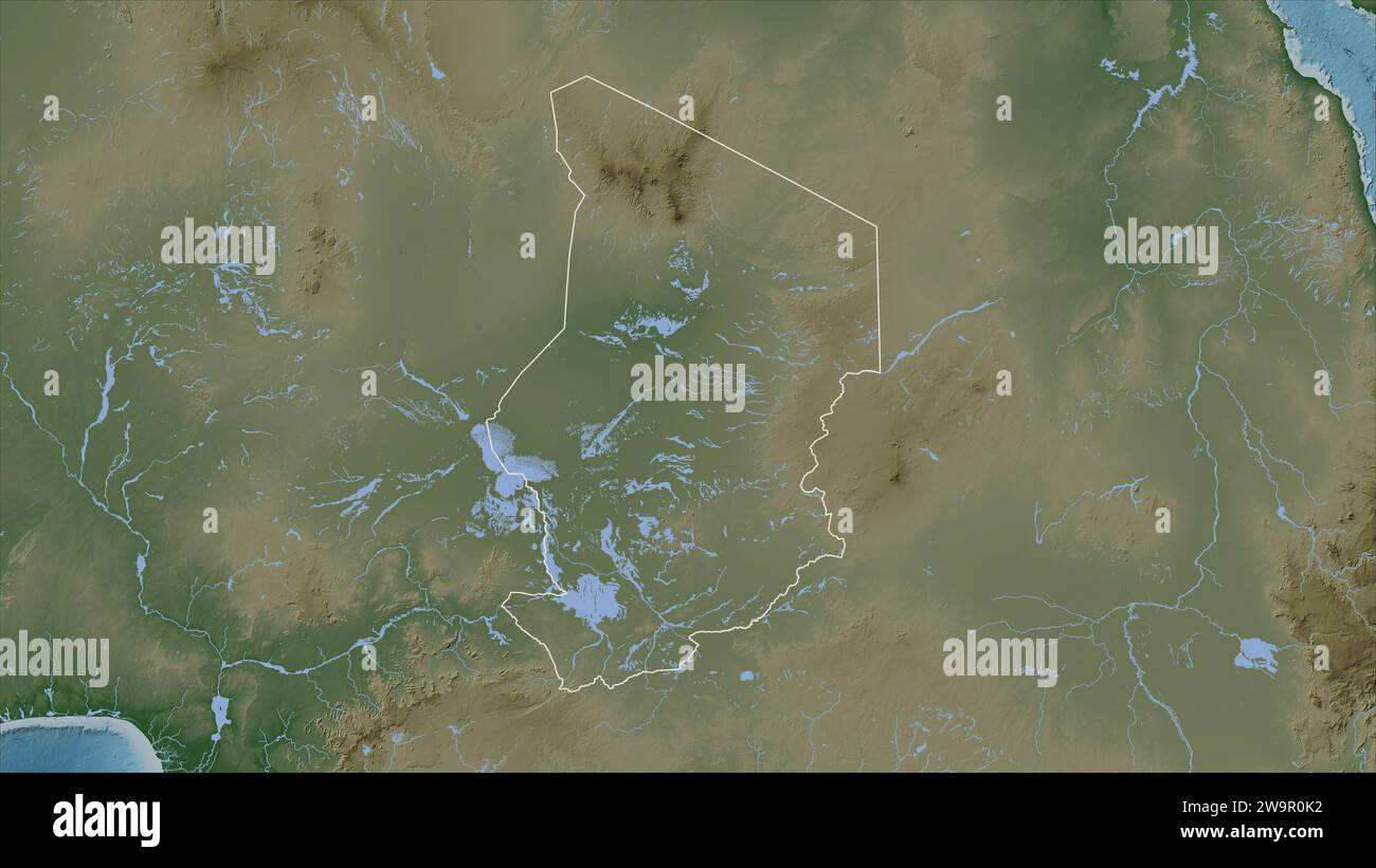 Tchad décrit sur une carte d'altitude en couleur pâle avec des lacs et des rivières Banque D'Images
