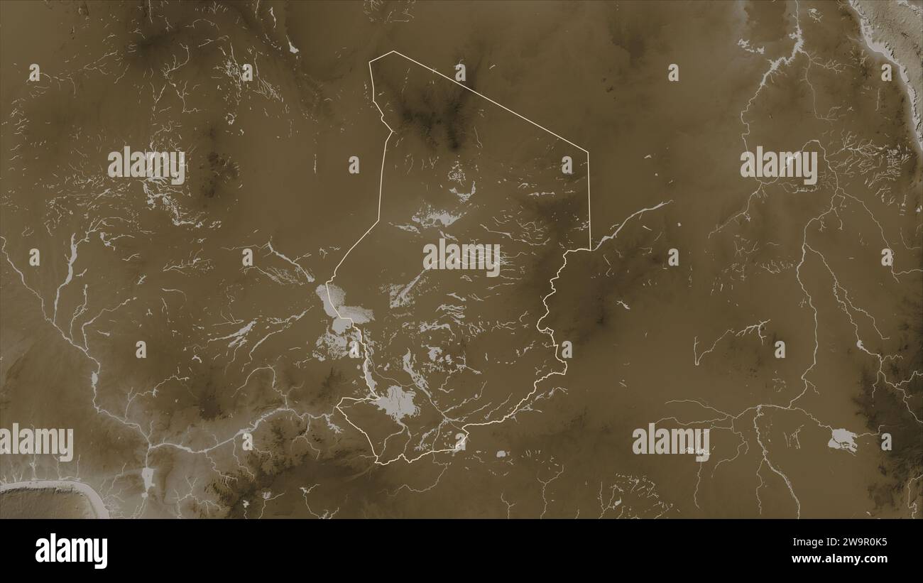 Tchad tracé sur une carte altimétrique colorée en tons sépia avec des lacs et des rivières Banque D'Images