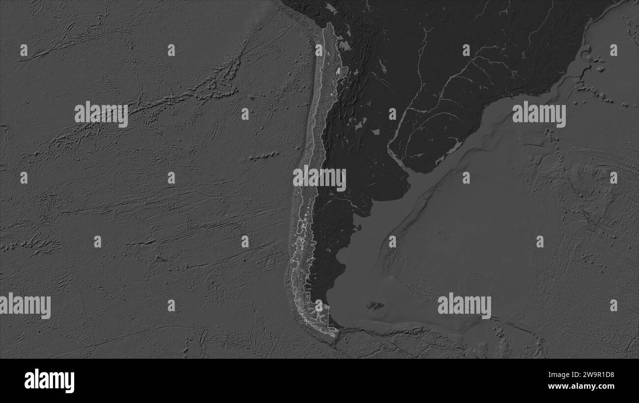 Chili mis en évidence sur une carte d'altitude à deux niveaux avec des lacs et des rivières Banque D'Images