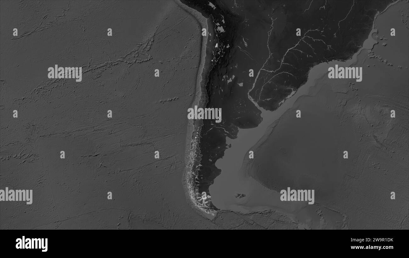 Chili mis en évidence sur une carte d'altitude en niveaux de gris avec des lacs et des rivières Banque D'Images