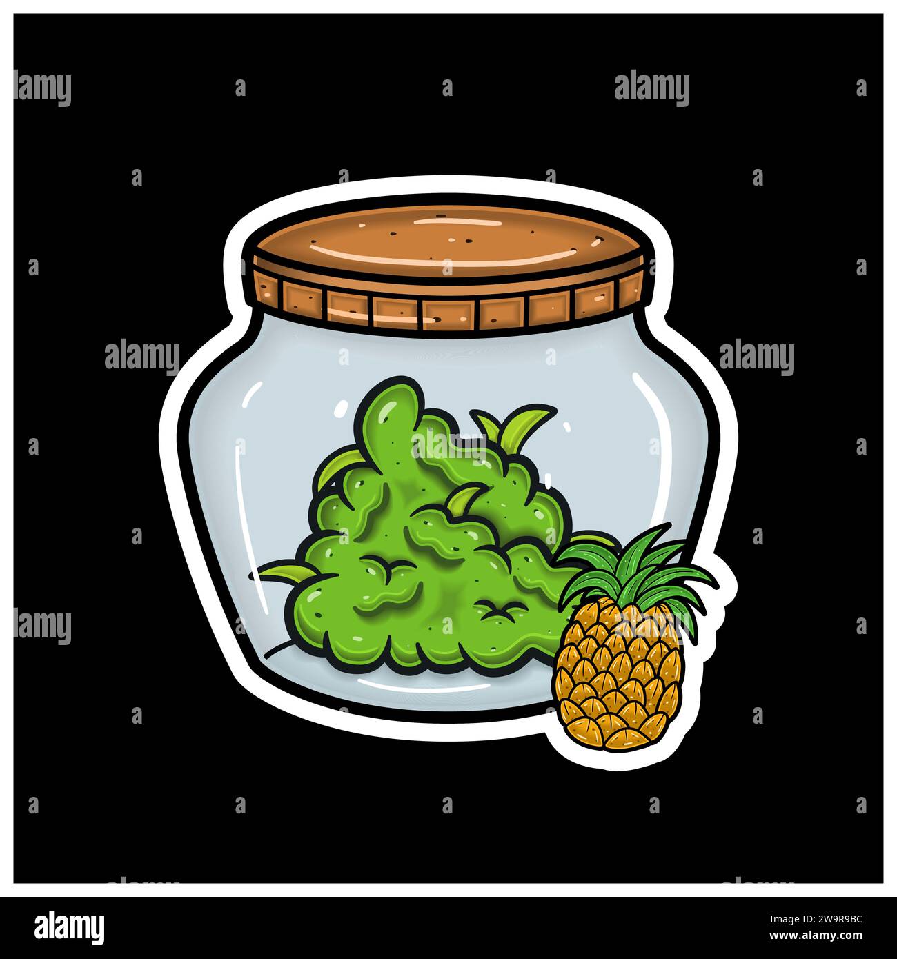 Saveur de fruit d'ananas avec Cartoon Mascot de Weed Bud sur pot. Pour autocollant et étiquette. Vector et Illustration. Illustration de Vecteur