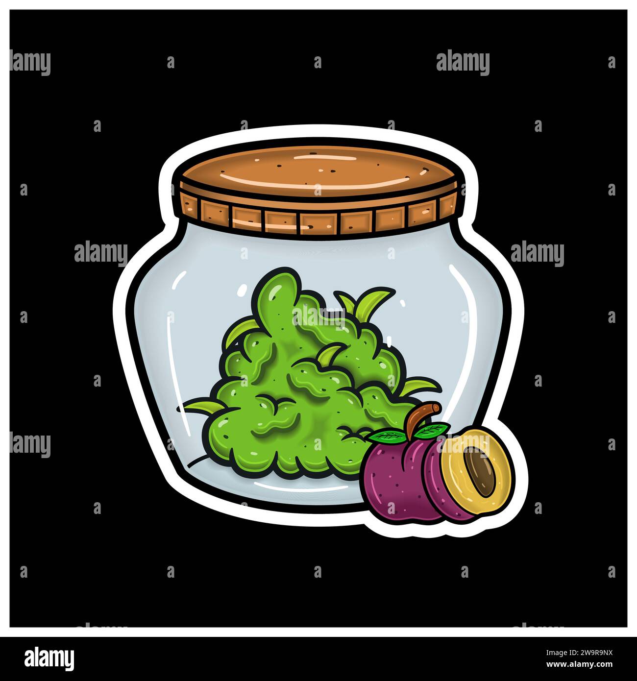 Saveur de fruit de prune avec Cartoon Mascot de Weed Bud sur pot. Pour autocollant et étiquette. Vector et Illustration. Illustration de Vecteur