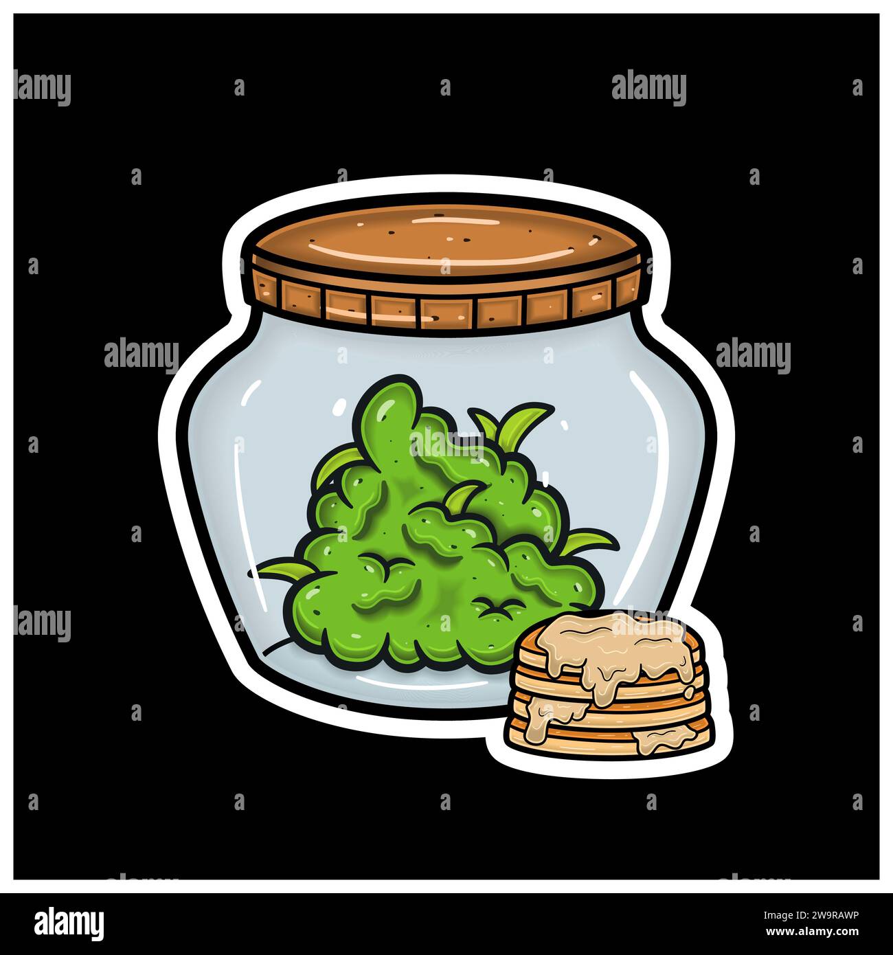 Saveur de crêpe avec Cartoon Mascot of Weed Bud sur pot. Pour autocollant et étiquette. Vector et Illustration. Illustration de Vecteur