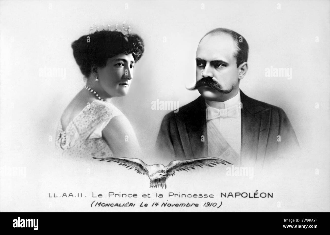 1910 , Paris , FRANCE : carte postale française célébrons le mariage du prince français VICTOR Napoléon BONAPARTE ( 1862 - 1926 ) avec la princesse Clémentine de Belgique de Saxe-Cobourg et Gotha ( de Belgique , 1872 - 1955 ) à Moncalieri ( Italie ) le jour du 14 novembre 1910 . Le couple eut 2 fils : Marie-Clotilde ( de Witt , 1912 - 1996 ) et Louis Napoléon ( 1914 - 1997 ). Victor Napoléon était le fils du prince Napoléon-Jérôme Bonaparte ( 1822 - 1891 ) et de la princesse italienne Marie-Clotilde de Savoie ( Maria Clotilde di SAVOIA ( 1843 - 1911 ) fille du roi d'Italie Victor-Emmanuel II ( Vittorio Emanuele Banque D'Images