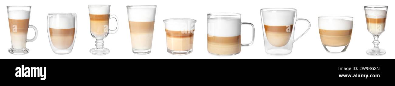 Délicieux latte macchiato dans différents verres sur fond blanc, ensemble Banque D'Images